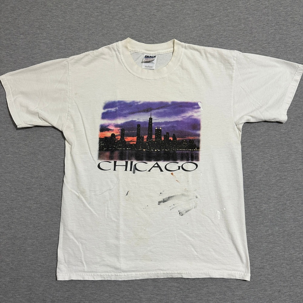 Chicago Skyline Sunset Graphic Tee White Paint Splatter Distressed Mens Large